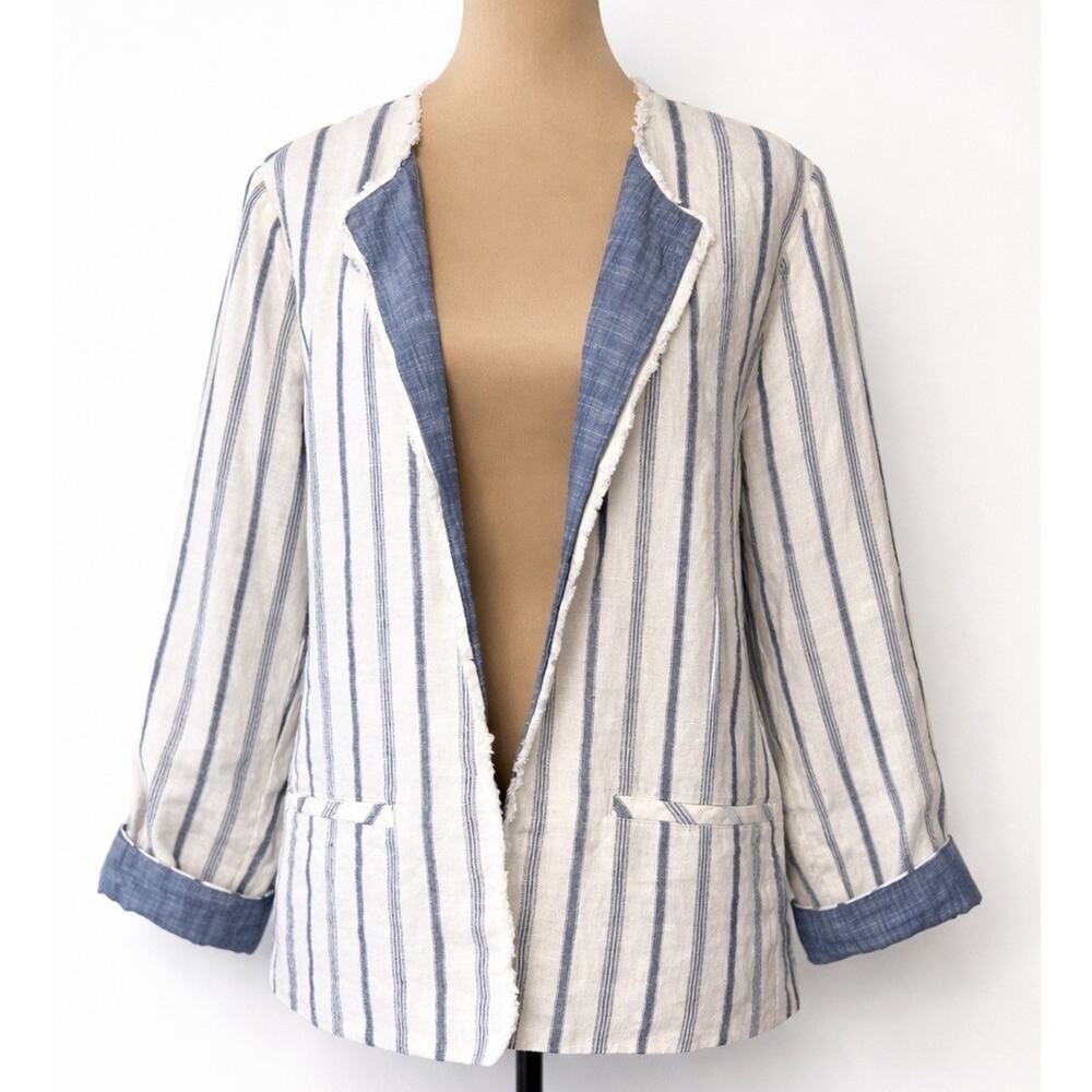 Chico’s 100% Linen Jacket Blue White Stripe Sz 3 16 Costal Chic Nautical Preppy